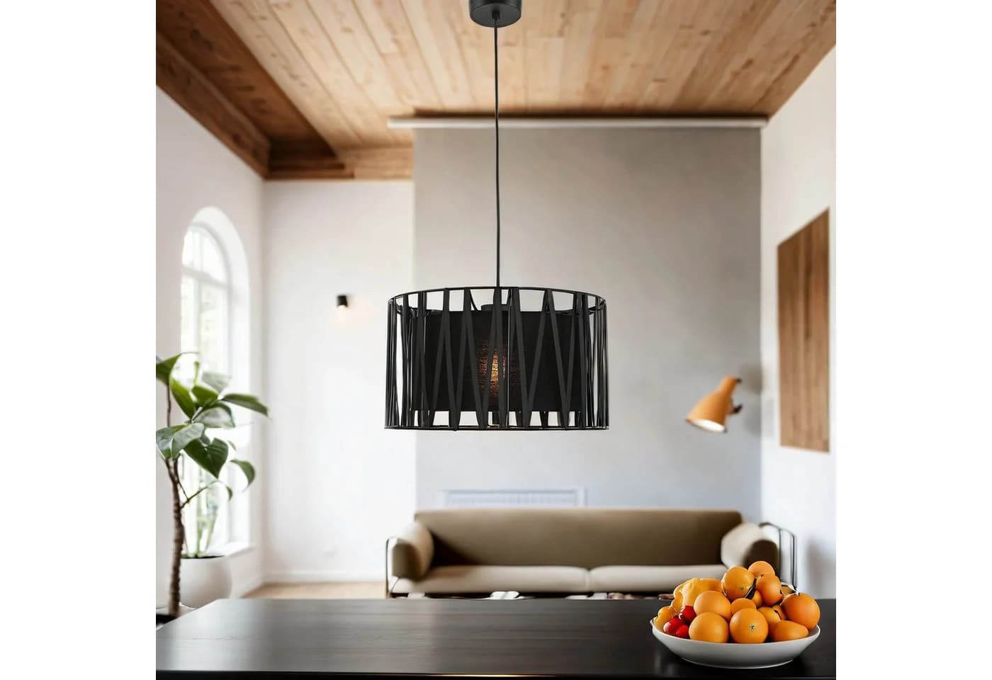 Licht-Erlebnisse Pendelleuchte HARMONY BLACK Schwarz Metall Stoff E27