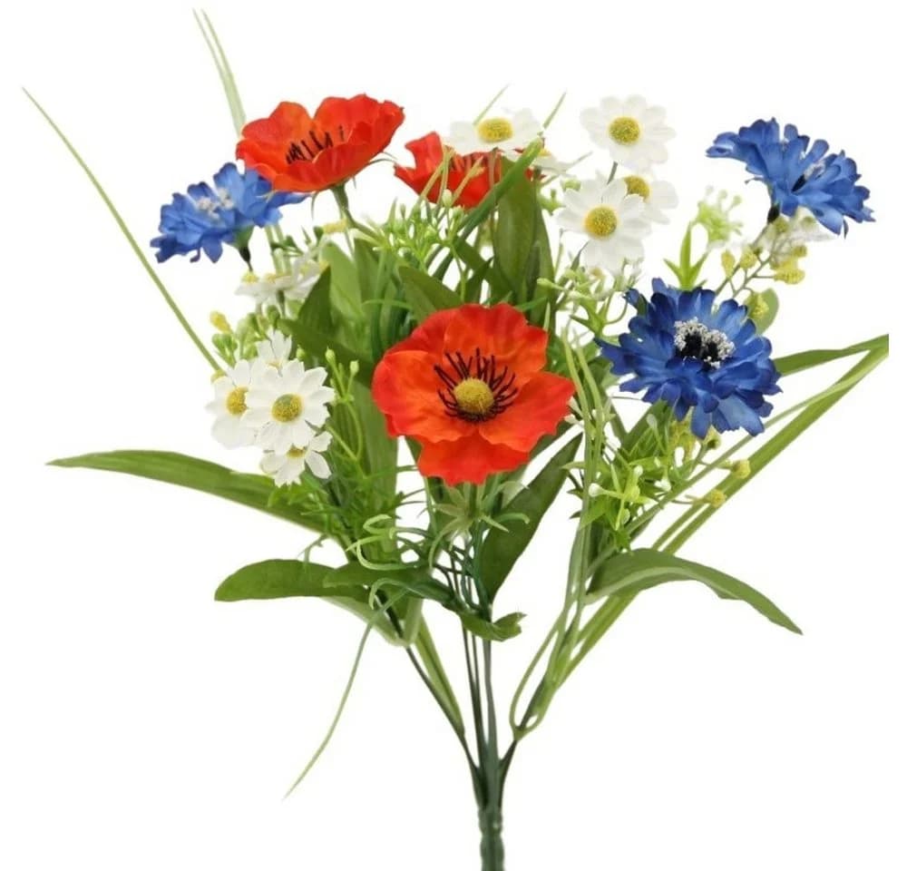 Kunstblumenstrauß Wiesenblumenstrauß mit Kornblume Mohn Kamille 36cm Seidenblumen Roß