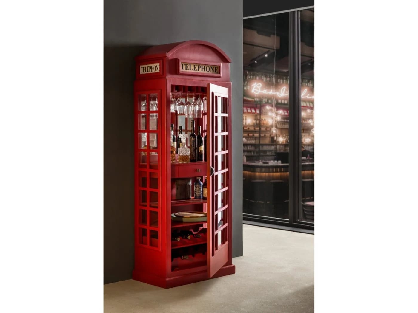 massivum Vitrine Barschrank Telefonzelle Rot Mango Holz