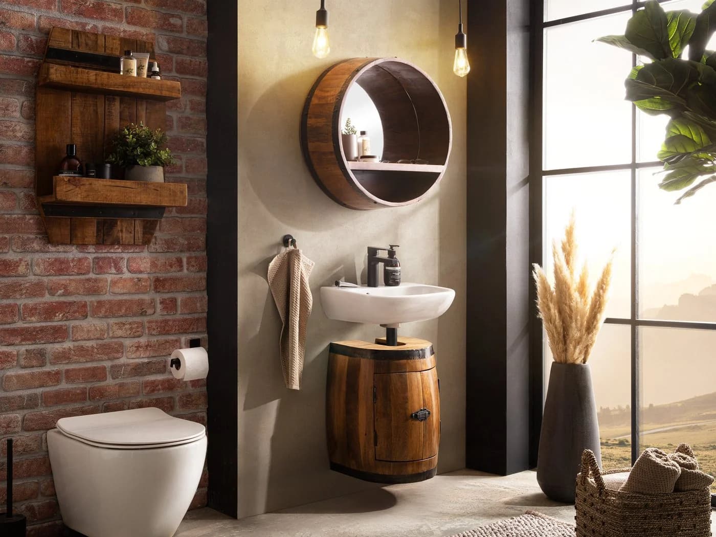 massivum Weinregal Waschbeckenunterschrank Barrel Braun