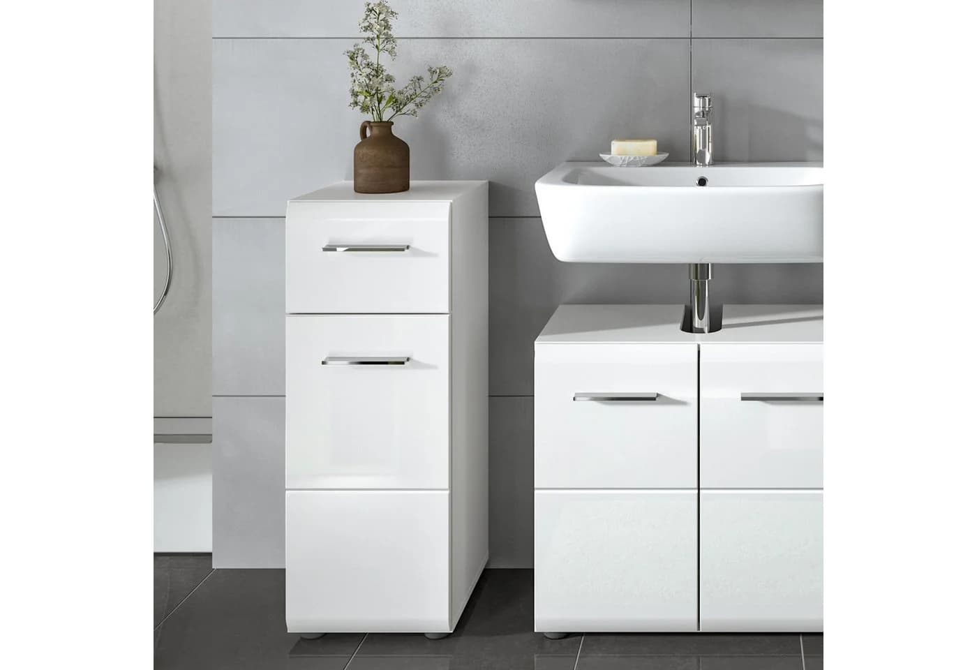 furnling Badkommode Standschrank Ivy Weiß 1 Schublade 1 Tür