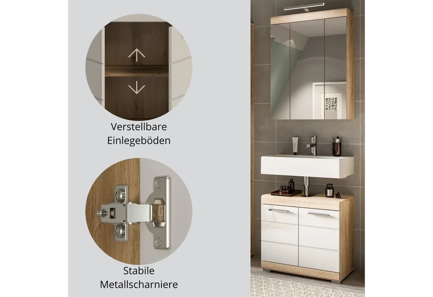 furnling Waschbeckenunterschrank Scott 2 Türen Sonoma Eiche/Weiß Hochglanz - Bild 5