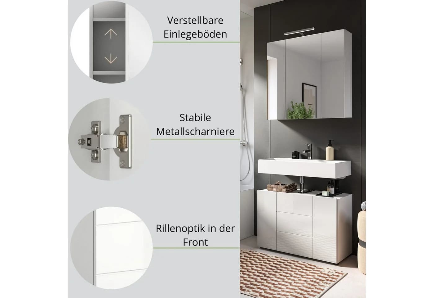 furnling Waschbeckenunterschrank Vera Weiß Hochglanz 3-türig - Bild 4