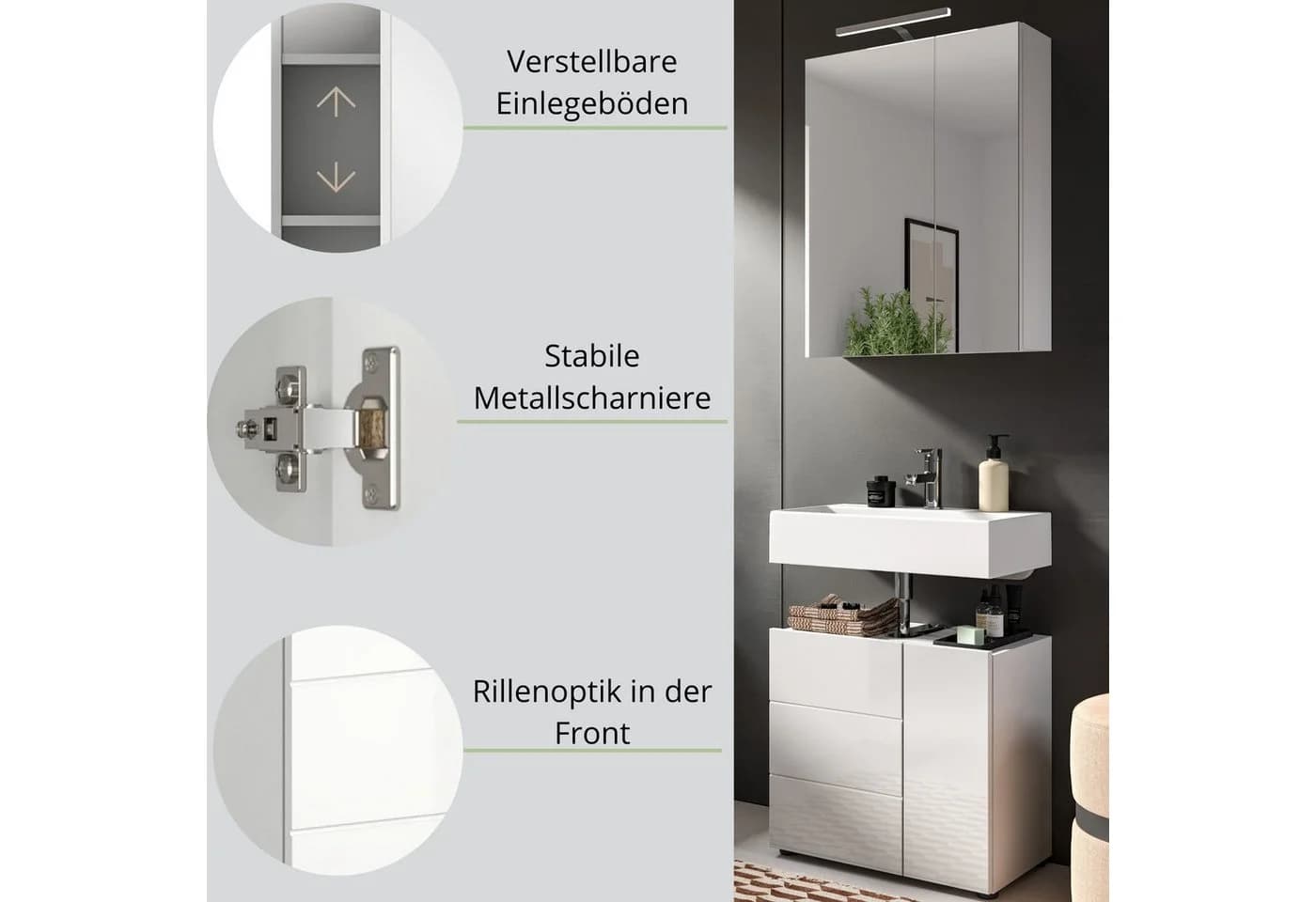 furnling Waschbeckenunterschrank Vera Weiß Hochglanz mit Siphon-Ausschnitt - Bild 4