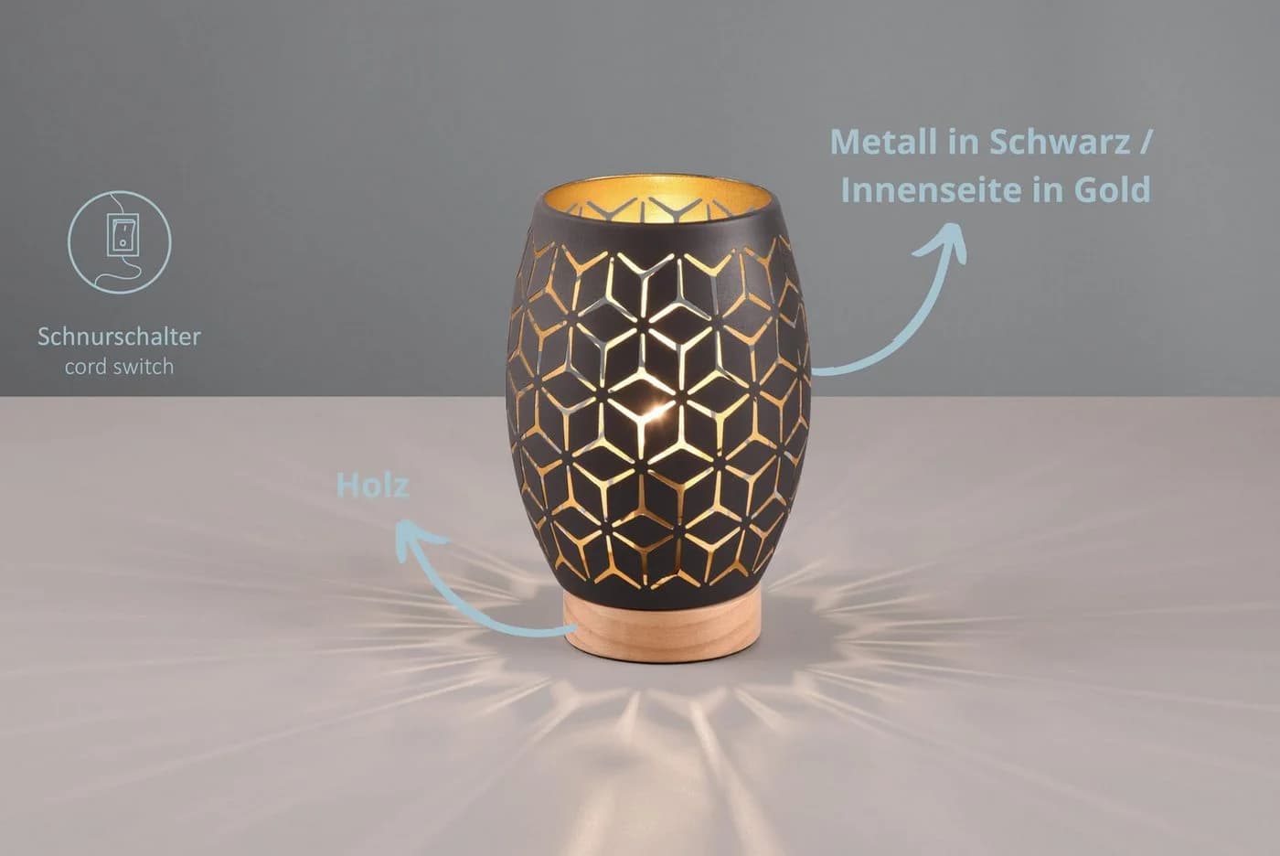 lightling Tischleuchte Bill Schwarz-Gold mit Schnurschalter