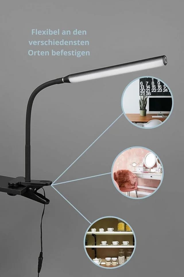 lightling LED Klemmtischleuchte Nella Schwarz Matt Touch Dimmbar
