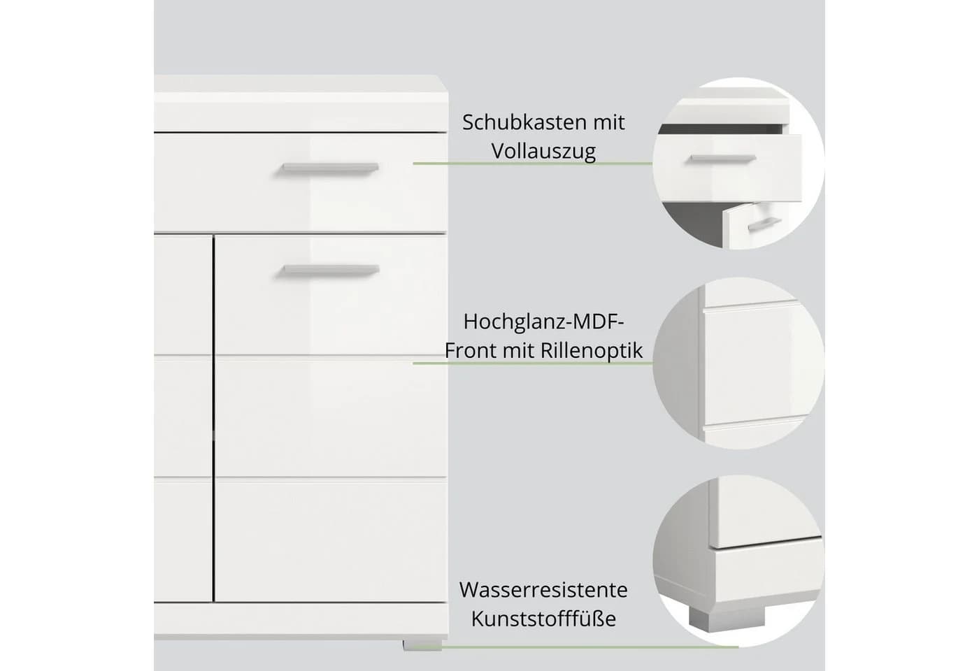 furnling Unterschrank Scott Weiß 1 Schublade 2 Türen Badkommode - Bild 4