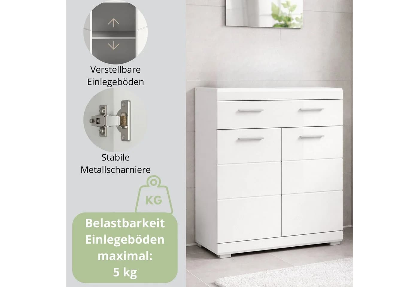 furnling Unterschrank Scott Weiß 1 Schublade 2 Türen Badkommode - Bild 5