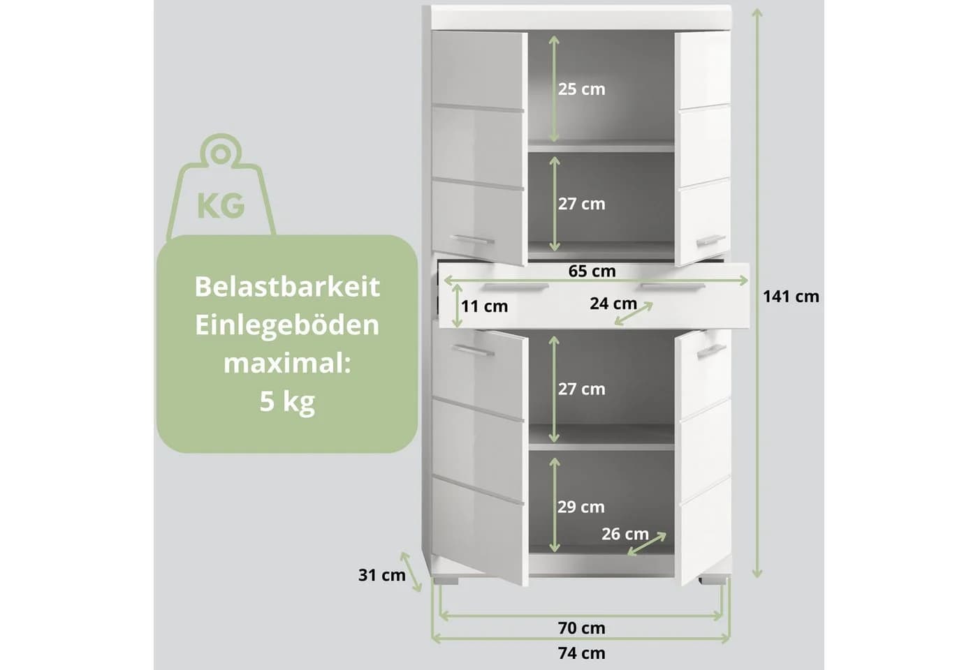 furnling Midischrank Scott 1 Schublade 4 Türen 4 Fächer Weiß Hochglanz - Bild 3