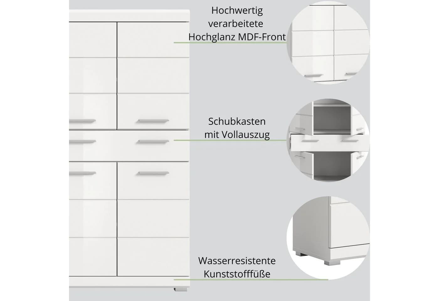 furnling Midischrank Scott 1 Schublade 4 Türen 4 Fächer Weiß Hochglanz - Bild 4