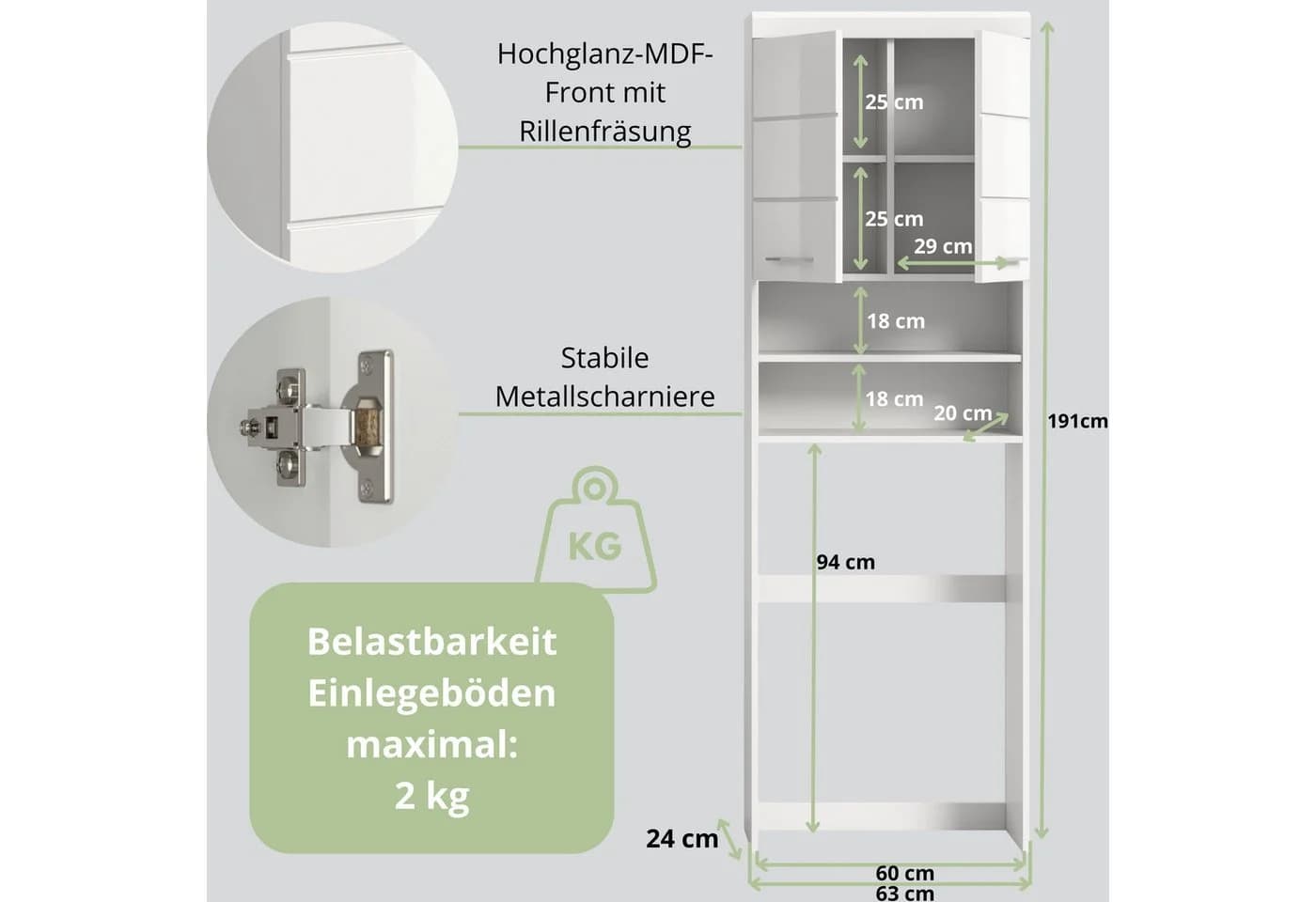 furnling Waschmaschinenumbauschrank Scott Weiß Hochglanz 2 Türen - Bild 3