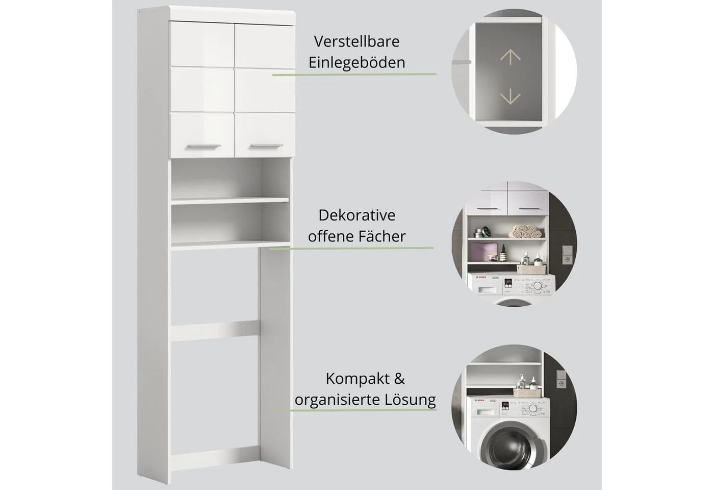 furnling Waschmaschinenumbauschrank Scott Weiß Hochglanz 2 Türen - Bild 4