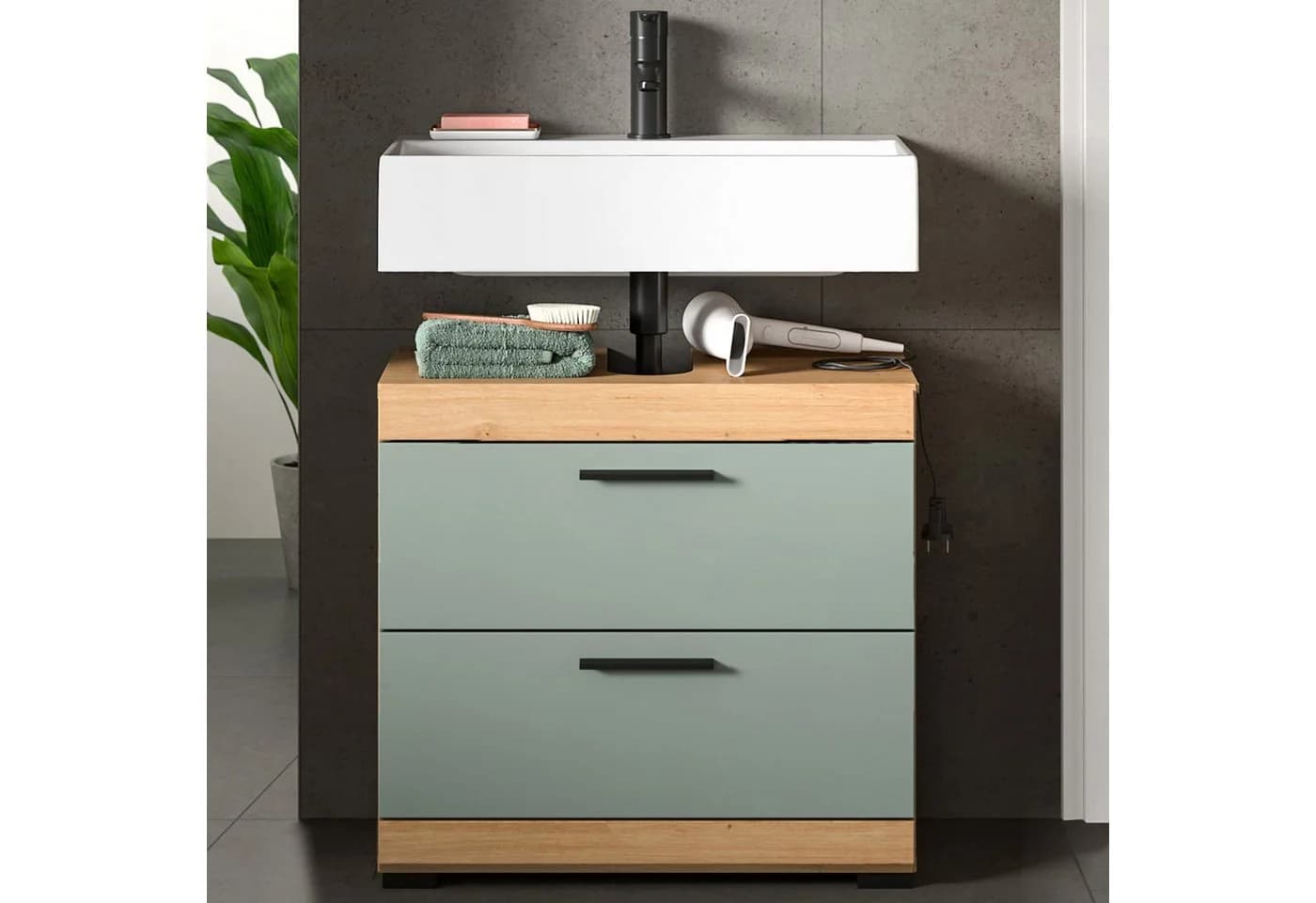 furnling Waschbeckenunterschrank Scott 2 Schubladen Salbei Eiche