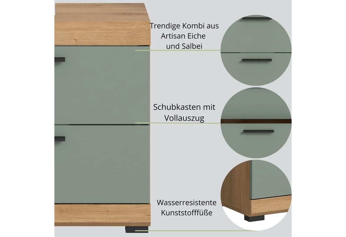 furnling Waschbeckenunterschrank Scott 2 Schubladen Salbei Eiche - Bild 4