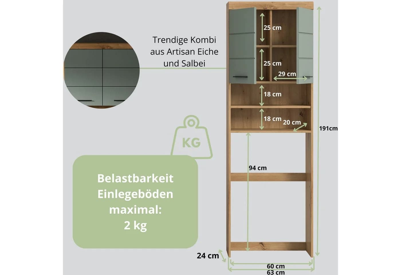 furnling Waschmaschinenumbauschrank Scott 2 Türen Salbei/Eiche - Bild 3