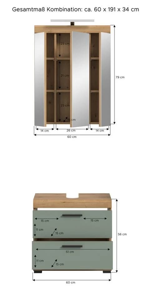 furnling Badmöbel-Set Scott mit Beleuchtung Salbei/Eiche - Bild 5