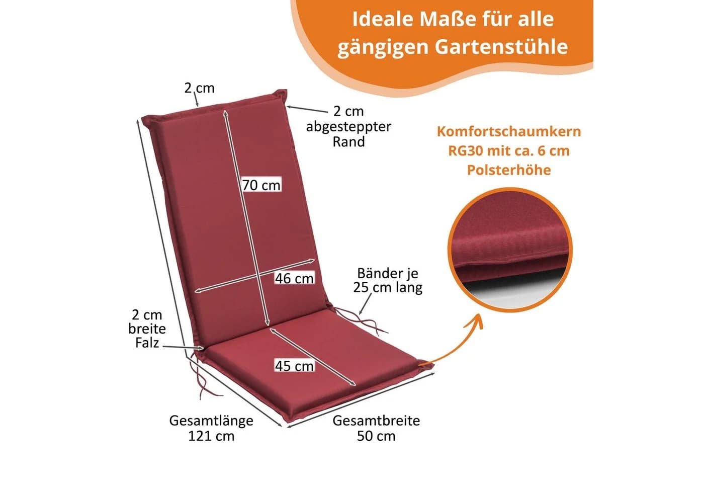 sleepling Hochlehnerauflage 4 St. Rot - Polster für Gartenmöbel mit Eckbändern - Bild 4