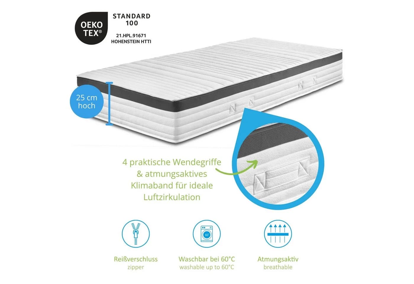 Taschenfederkernmatratze Elite Line, Bodyprotect, 7-Zonen, 25 cm hoch, orthopädische Matratze, Größe: 90x200, Härtegrad: H4 - Bild 4