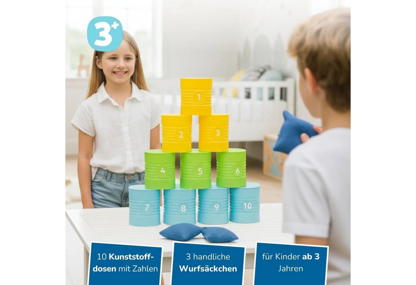alldoro Dosenwerfen-Set mit 10 bunten Dosen & 3 Wurfsäckchen