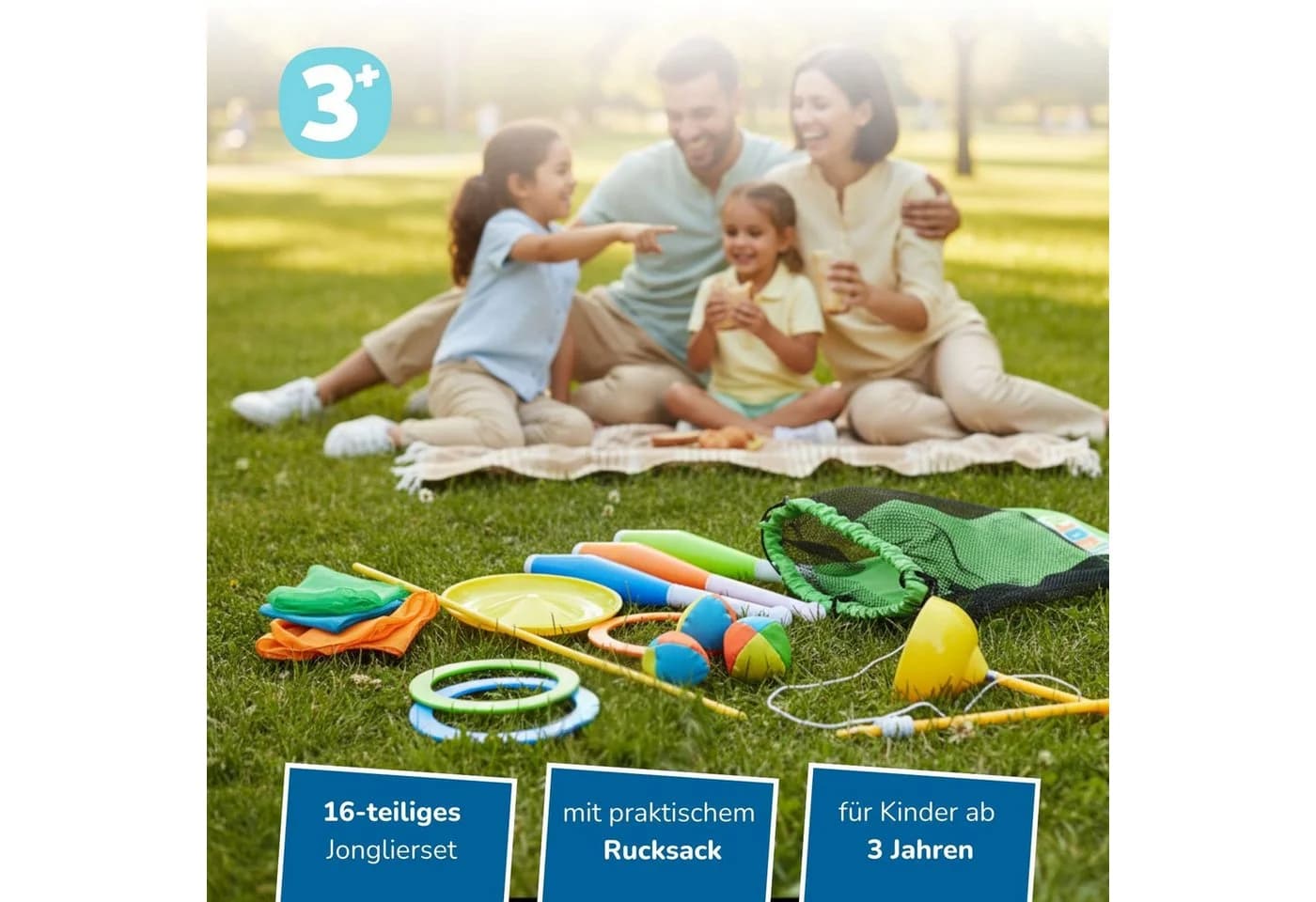 alldoro Jonglier-Set 16-tlg. Jonglierbälle, Diabolo, Tücher, Ringe, Keulen, Jonglierteller
