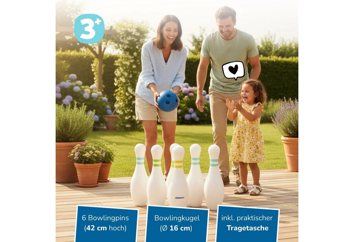 alldoro XXL Bowling-Spiel für Kinder, Familienspiel für drinnen & draußen, Riesen-Kegelspiel mit Tragetasche, 6 befüllbaren Pins 42 cm & 1 Kugel