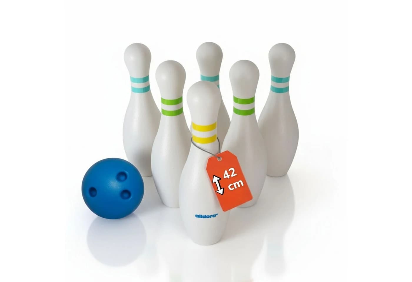 alldoro XXL Bowling-Spiel für Kinder, Familienspiel für drinnen & draußen, Riesen-Kegelspiel mit Tragetasche, 6 befüllbaren Pins 42 cm & 1 Kugel - Bild 2