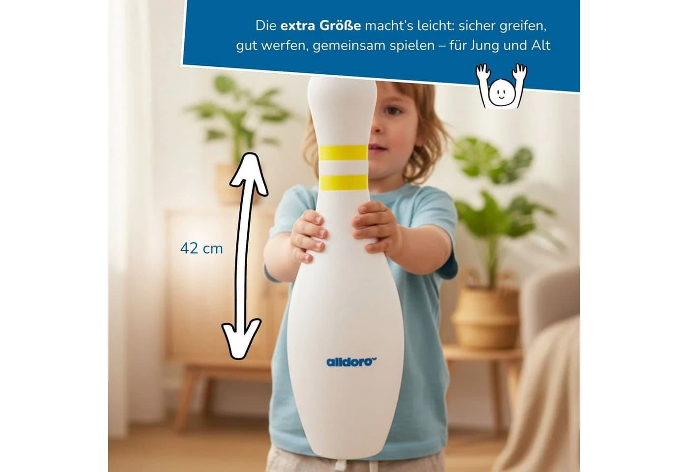 alldoro XXL Bowling-Spiel für Kinder, Familienspiel für drinnen & draußen, Riesen-Kegelspiel mit Tragetasche, 6 befüllbaren Pins 42 cm & 1 Kugel - Bild 4
