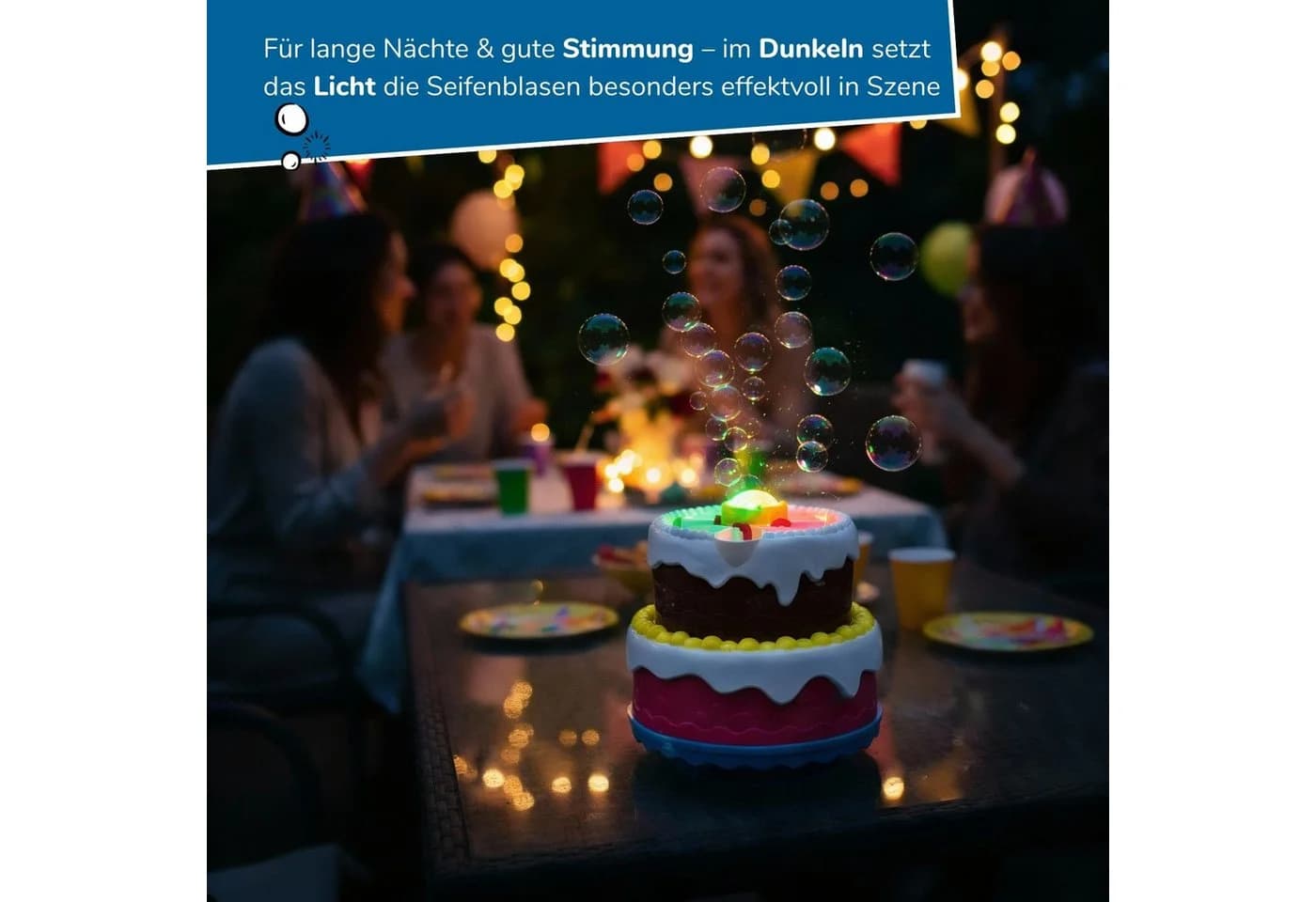 alldoro Seifenblasenmaschine Torte mit LED-Licht & Happy Birthday Lied, Bunte Seifenblasenkanone für Geburtstag, Hochzeit & Party - Bild 4