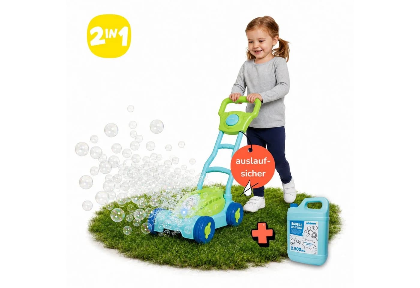 alldoro Seifenblasen-Rasenmäher 2 in 1 Set mit 2,5L Nachfüllkanister, auslaufsicher, Licht & Hupe + XXL-Nachschub für Kinder ab 3 Jahren - Bild 2
