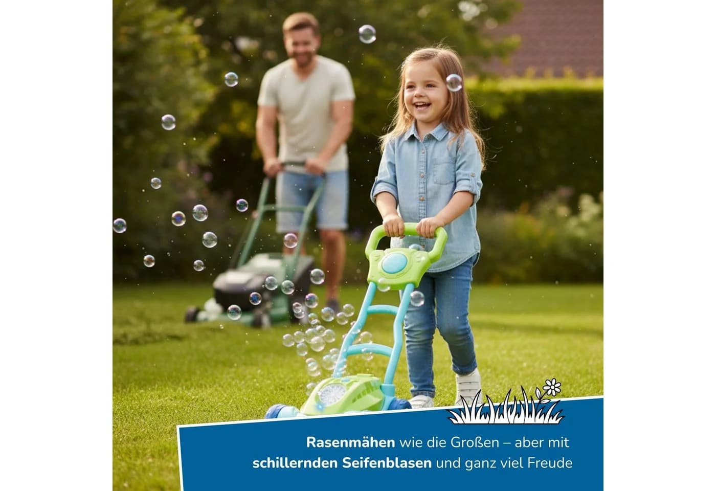 alldoro Seifenblasen-Rasenmäher 2 in 1 Set mit 2,5L Nachfüllkanister, auslaufsicher, Licht & Hupe + XXL-Nachschub für Kinder ab 3 Jahren - Bild 3