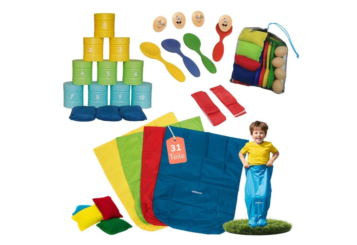 alldoro Spiel XL Kinderparty-Set 31 Teile Bunt Dosenwerfen Sackhüpfen - Bild 2