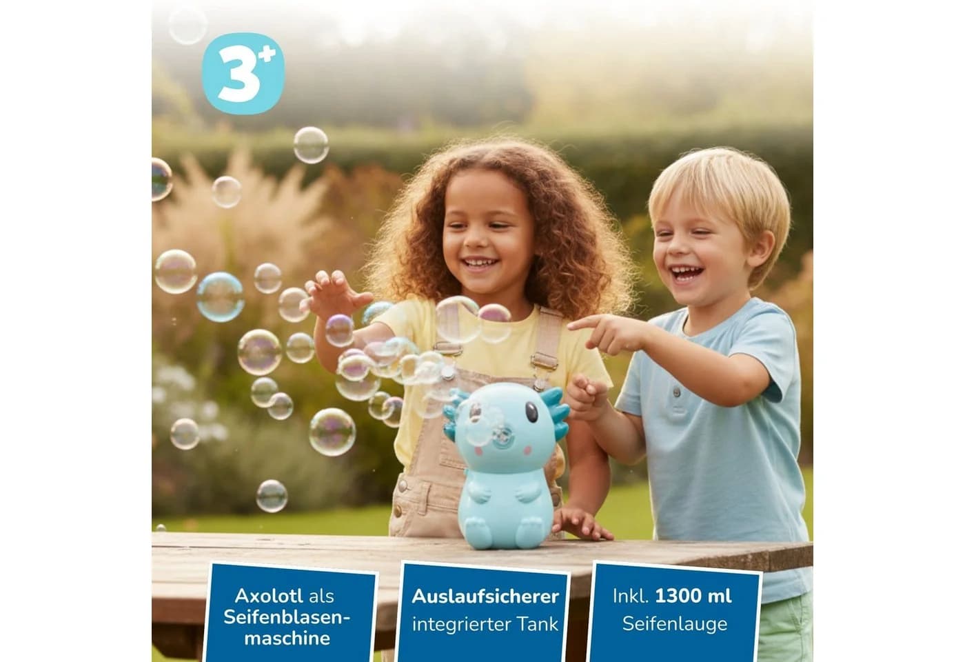 alldoro Seifenblasenmaschine 2in1 mit 1,2L Kanister & Axolotl Design