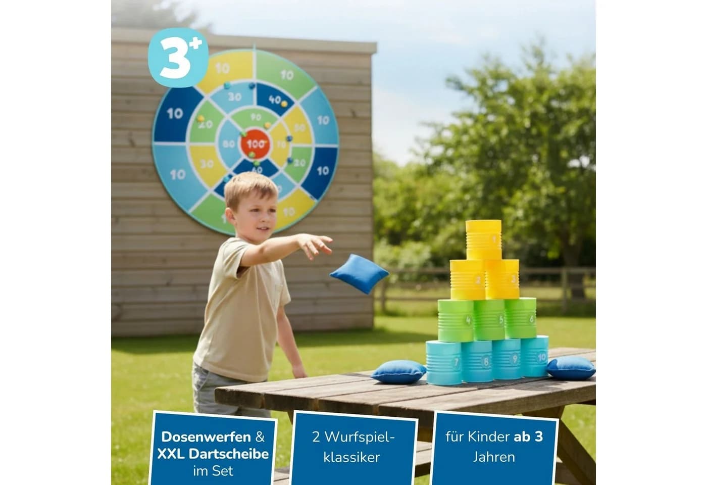 alldoro Spiel Wurfspiel Set für Kinder Dosenwerfen XXL Klett-Dartspiel
