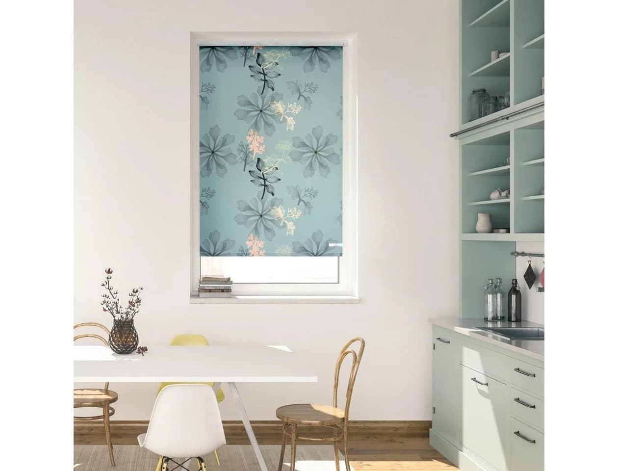 LICHTBLICK ORIGINAL Seitenzugrollo Aqua Floral Blau Klemmfix - Bild 3