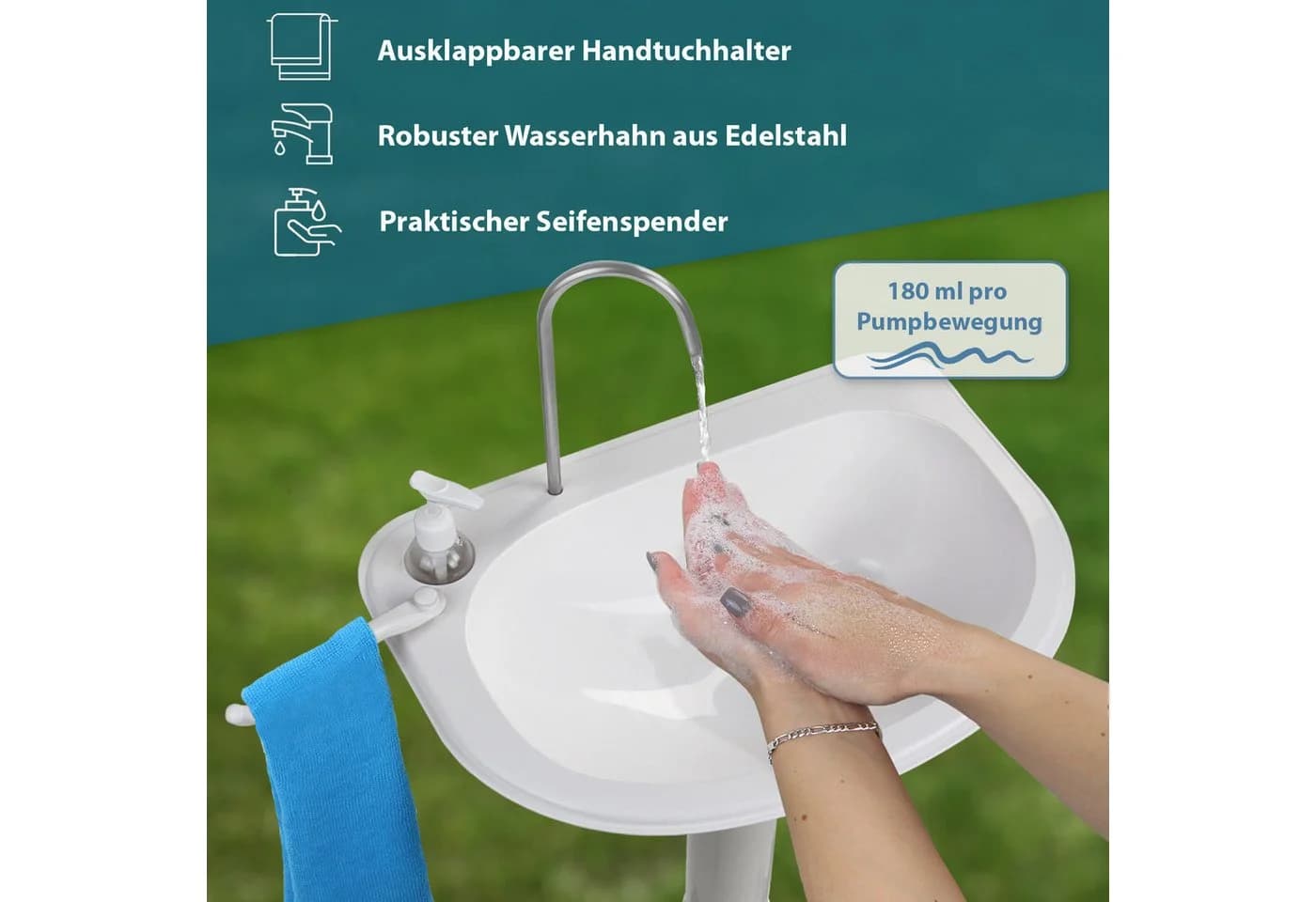 Montafox Camping Waschbecken mit Fußpumpe und Seifenspender - Bild 3