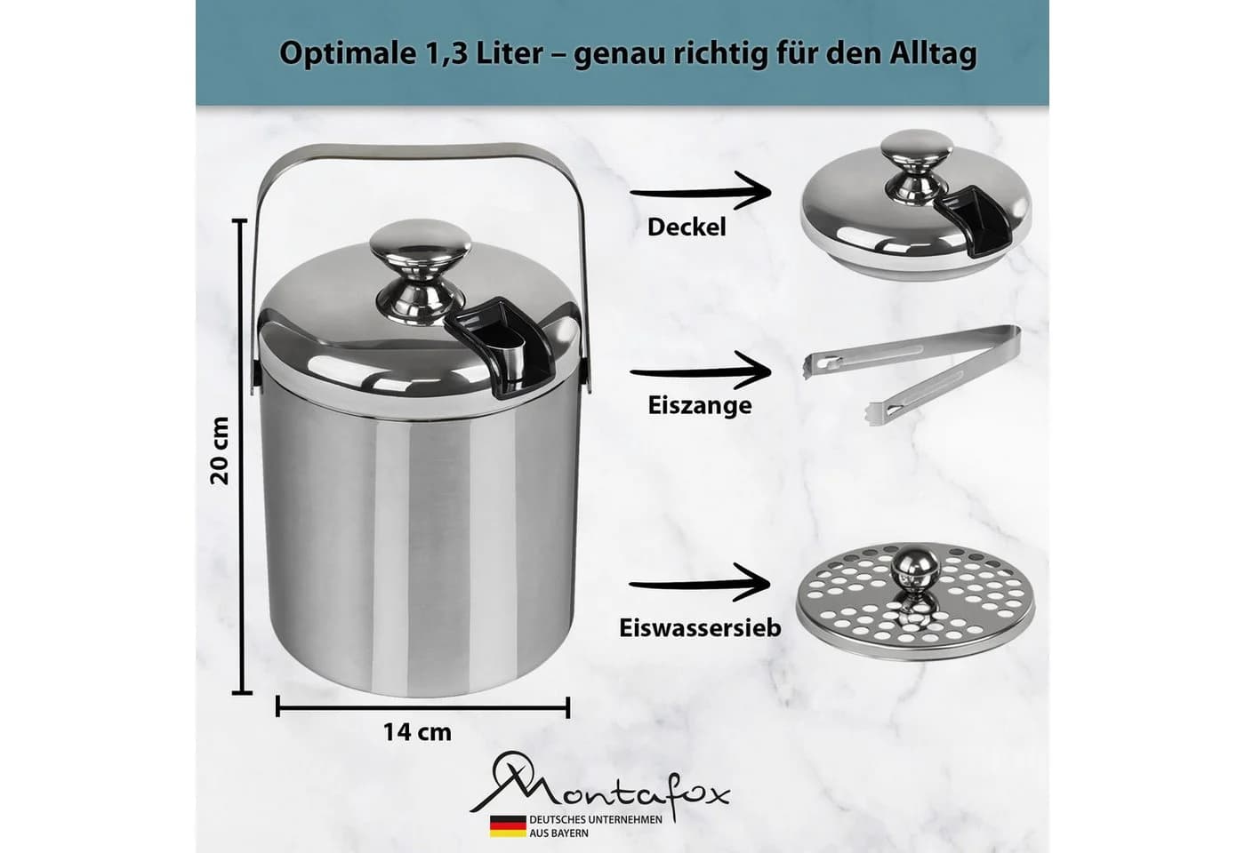 Montafox Edelstahl Eiswürfelbehälter 1,3 Liter mit Griff & Sieb