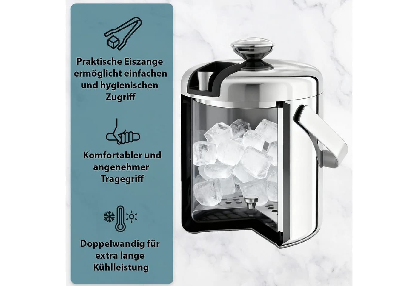 Montafox Edelstahl Eiswürfelbehälter 1,3 Liter mit Griff & Sieb - Bild 3