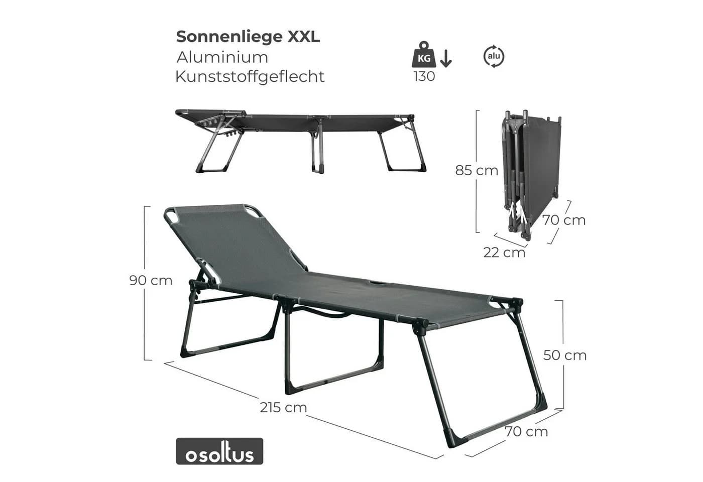 osoltus XXL Sonnenliege Anthrazit Aluminium mit verstellbarer Rückenlehne - Bild 3