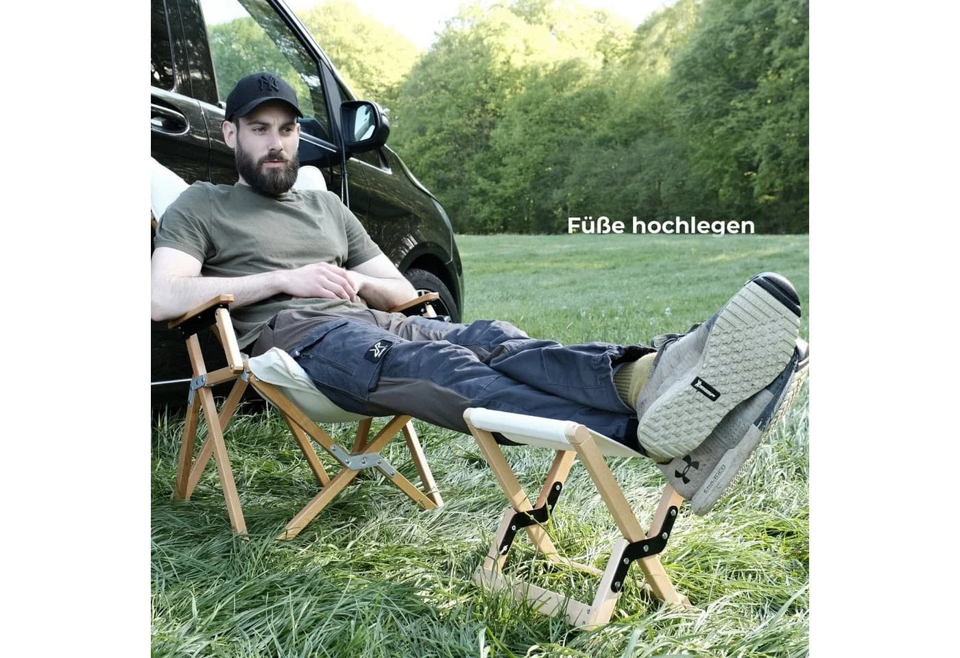 osoltus Campingstuhl 2in1 Holz Falthocker Beistelltisch Natur - Bild 3
