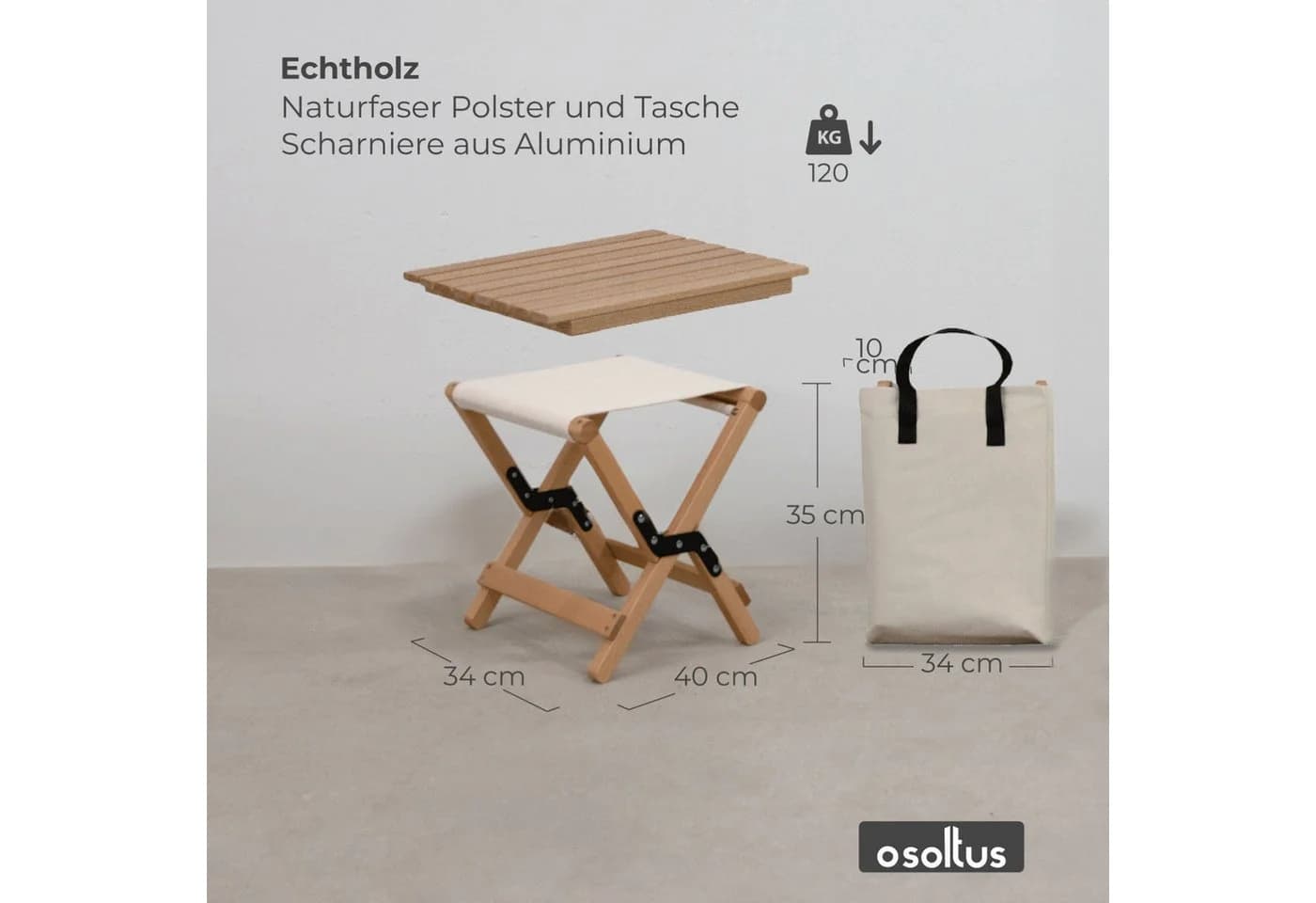 osoltus Campingstuhl 2in1 Holz Falthocker Beistelltisch Natur - Bild 4