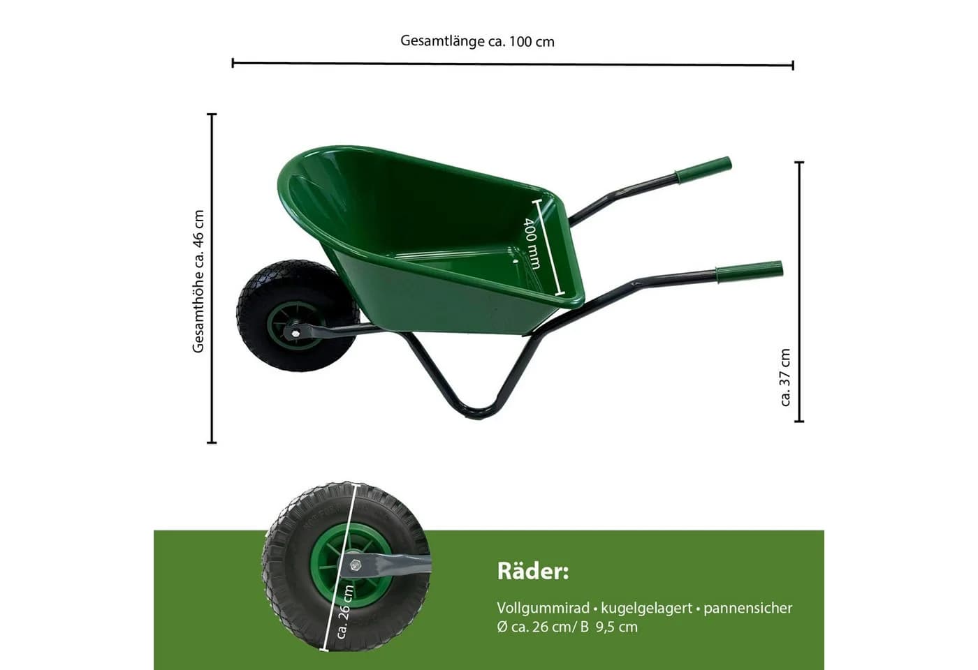 TRUTZHOLM Kinderschubkarre 40kg Kunststoffwanne Vollgummirad Grün