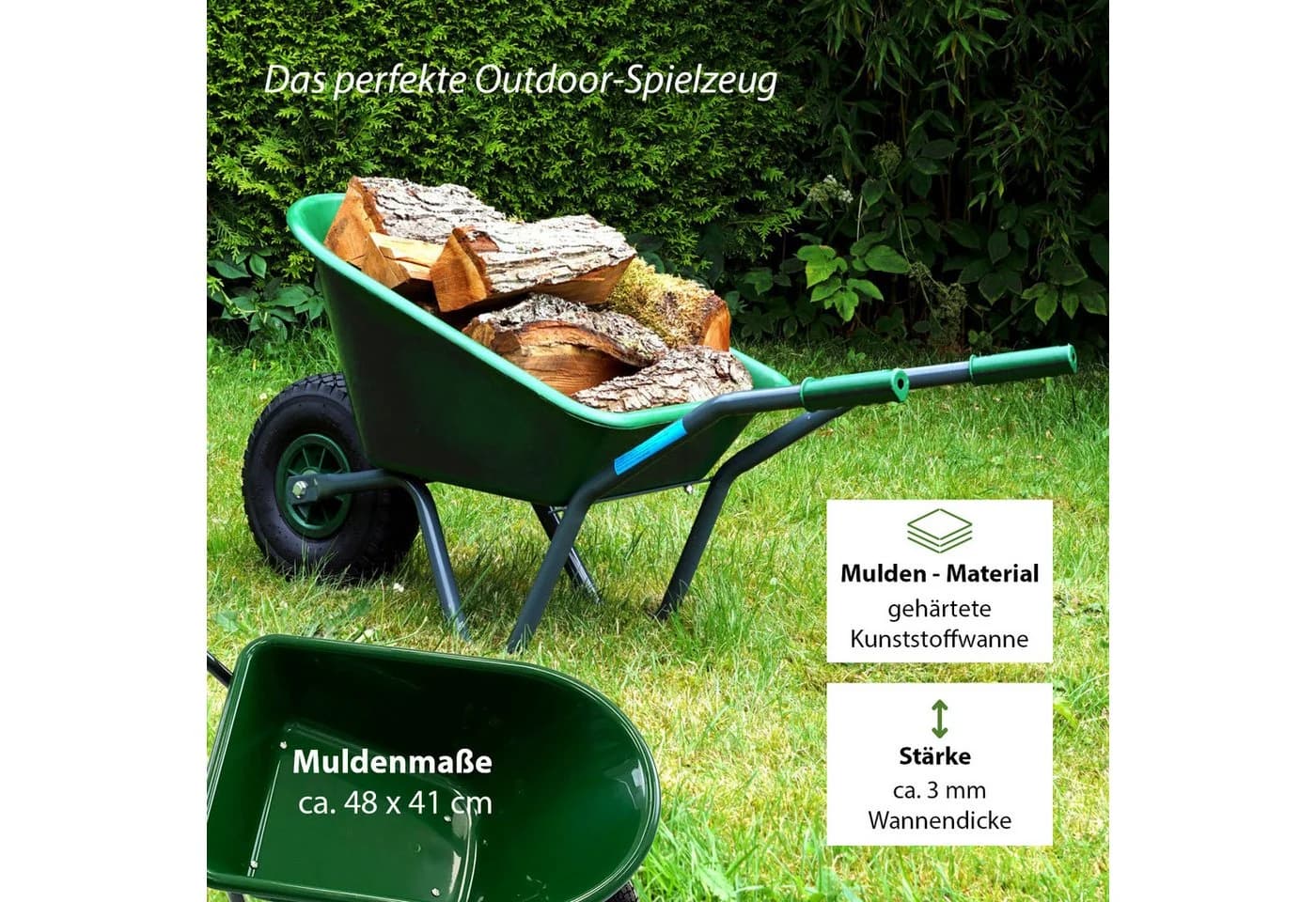 TRUTZHOLM Kinderschubkarre 40kg Kunststoffwanne Vollgummirad Grün - Bild 5