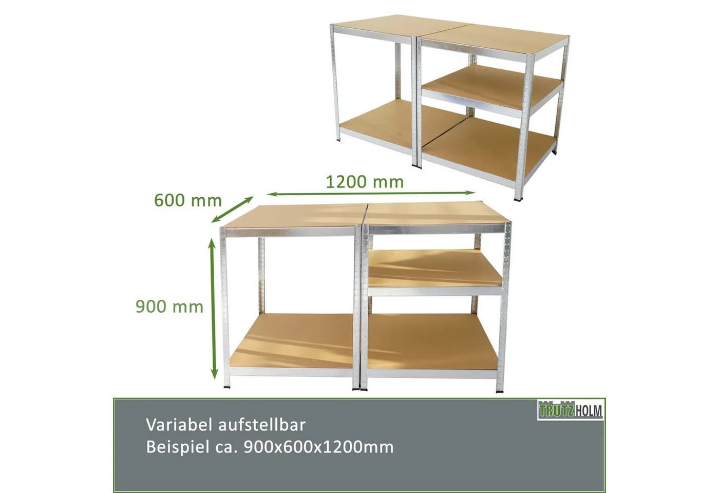 Verzinktes TRUTZHOLM Steckregal mit fünf höhenverstellbaren MDF-Böden und Stahlgestell.