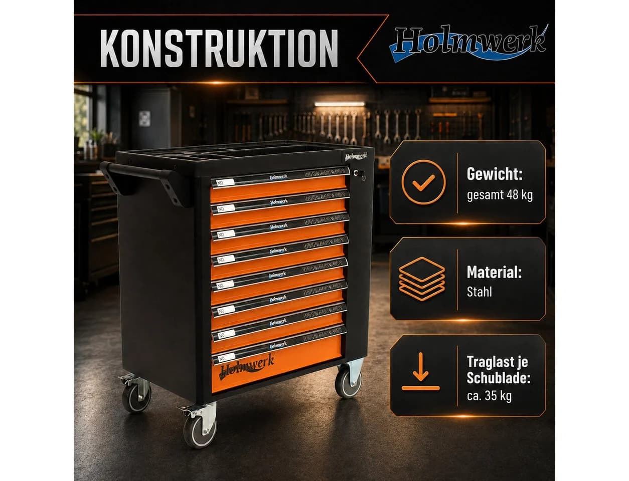 Holmwerk Werkstattwagen Profi leer orange-schwarz 7 Schubladen Vollauszug