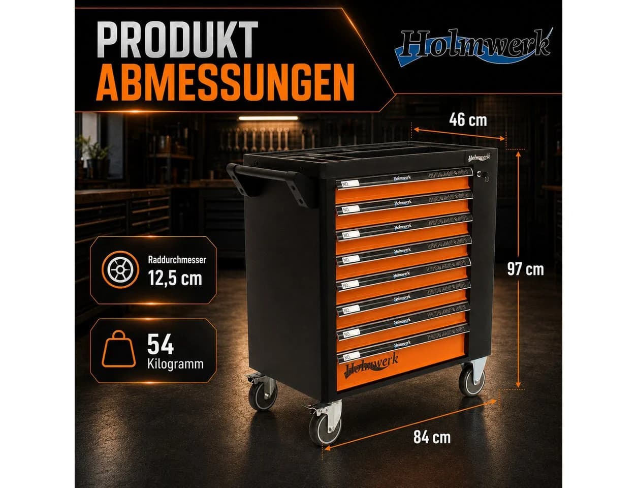 Holmwerk Werkstattwagen Profi leer orange-schwarz 7 Schubladen Vollauszug - Bild 3