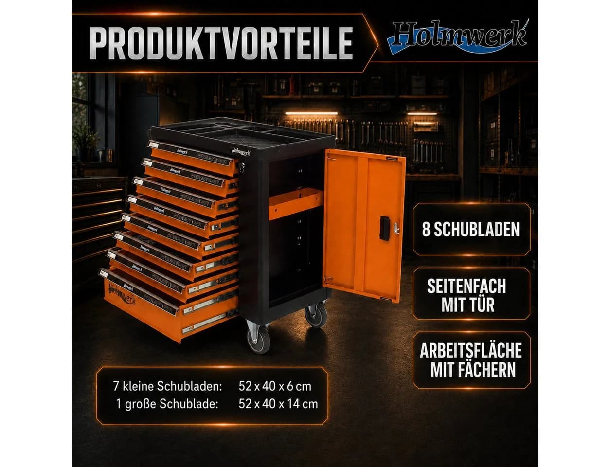 Holmwerk Werkstattwagen Profi leer orange-schwarz 7 Schubladen Vollauszug - Bild 4