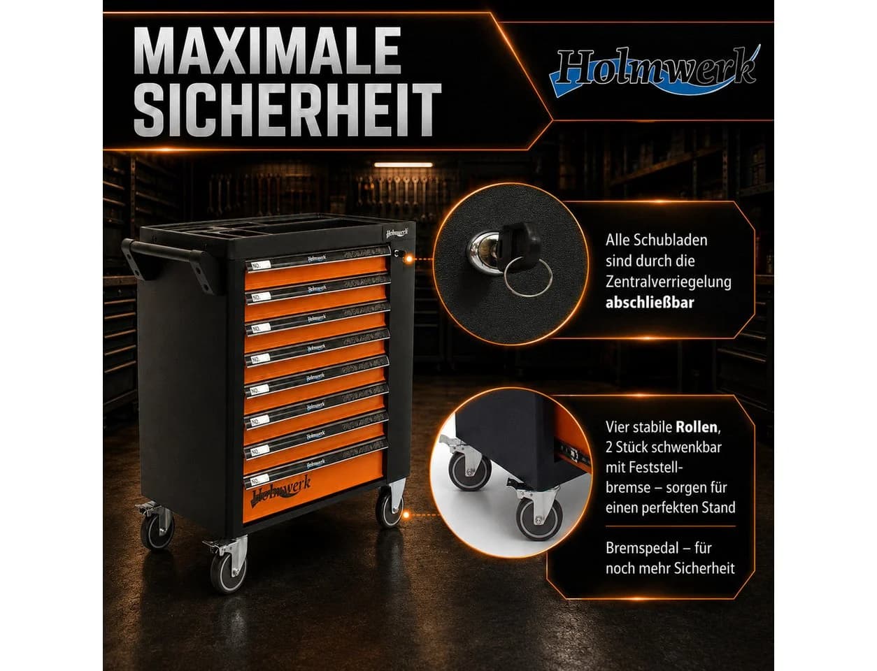 Holmwerk Werkstattwagen Profi leer orange-schwarz 7 Schubladen Vollauszug - Bild 5