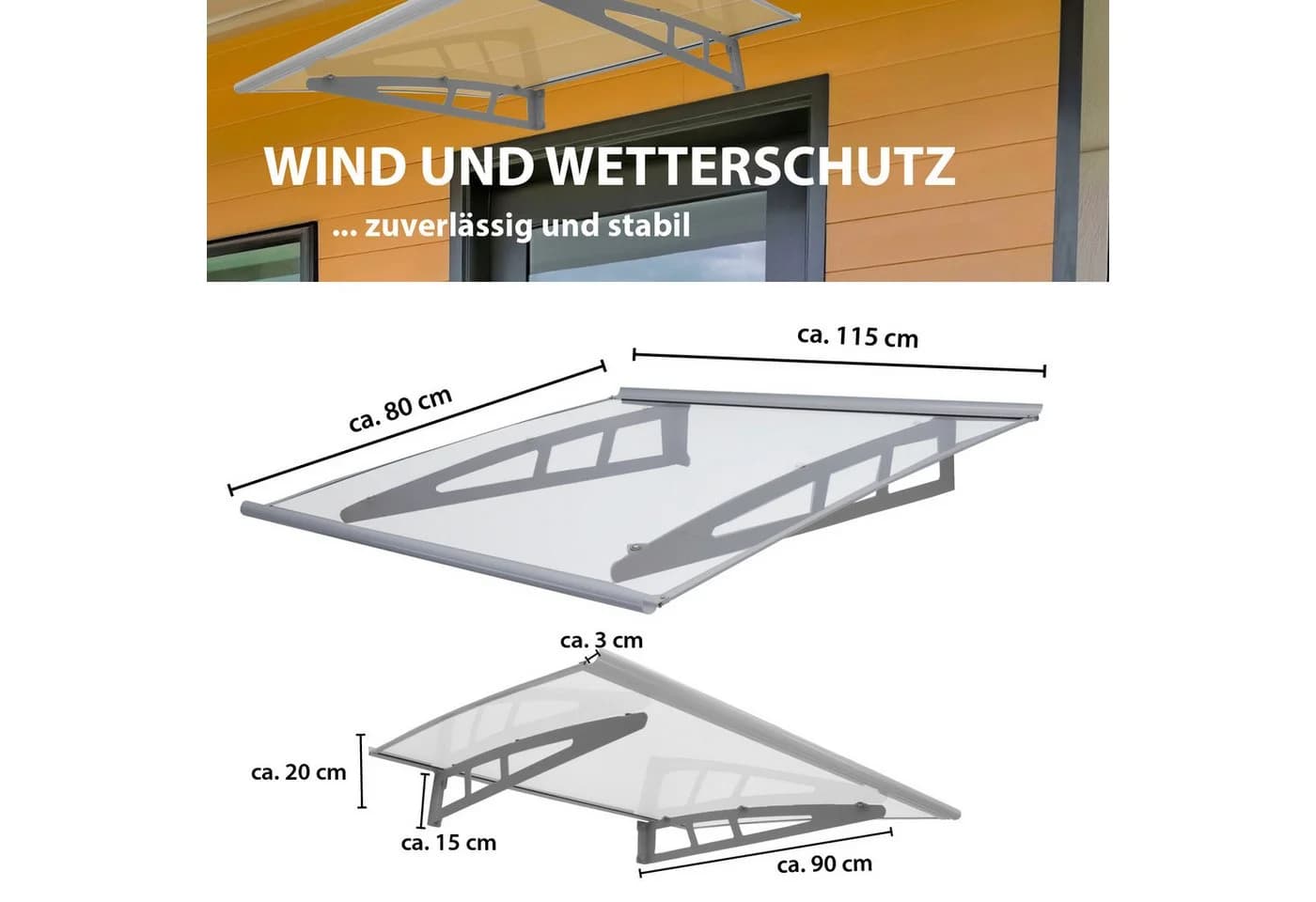 TRUTZHOLM Vordach Aluminium Grau Transparent 115x80 cm - Bild 3