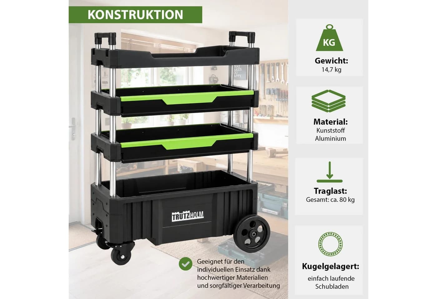 TRUTZHOLM Werkstattwagen Klappbar Schwarz 80 kg Traglast