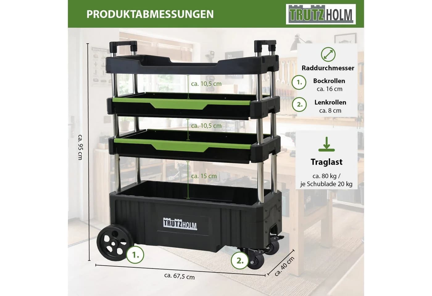 TRUTZHOLM Werkstattwagen Klappbar Schwarz 80 kg Traglast - Bild 3
